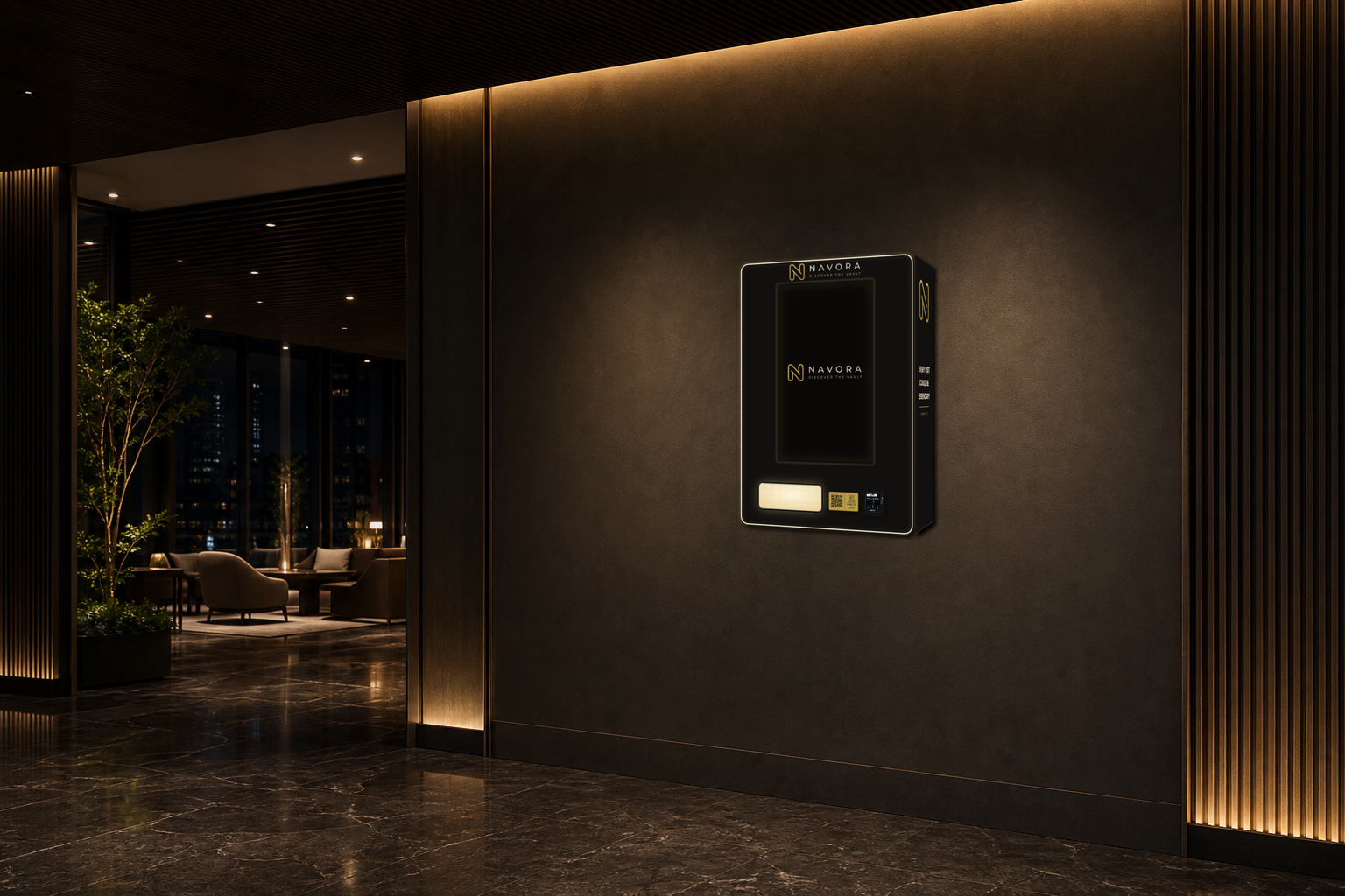 Navora Vault Station mounted in a premium partner venue, shown from the front with its right side visible.